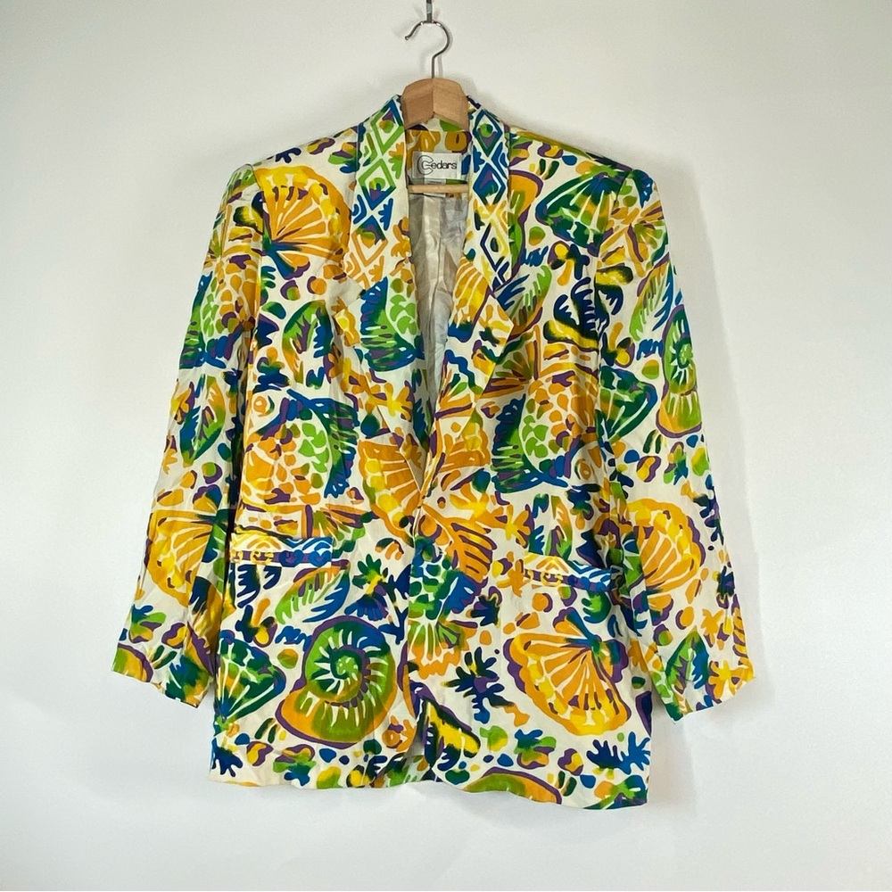 Cedars Vintage Silk Colorful Coastal Print Single Button Blazer Jacket Size S